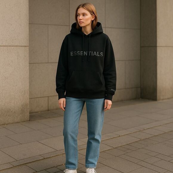 Fear of God Women’s Essentials FOG Hoodie hooded Sweatshirt Black Gray Size XS - Picture 1 of 13